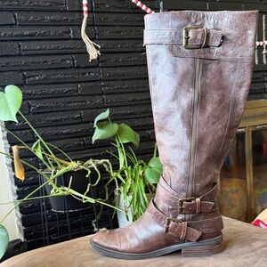 Enzo Angolio Brown Genuine Leather Knee-High Boots with Buckle Detail